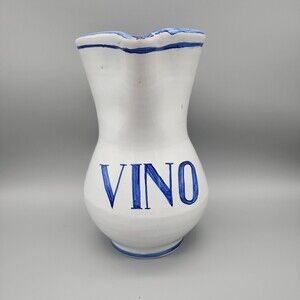 Talavera Spain Vino Pitcher Jug Hand Painted Pottery White Cobalt Blue Marked